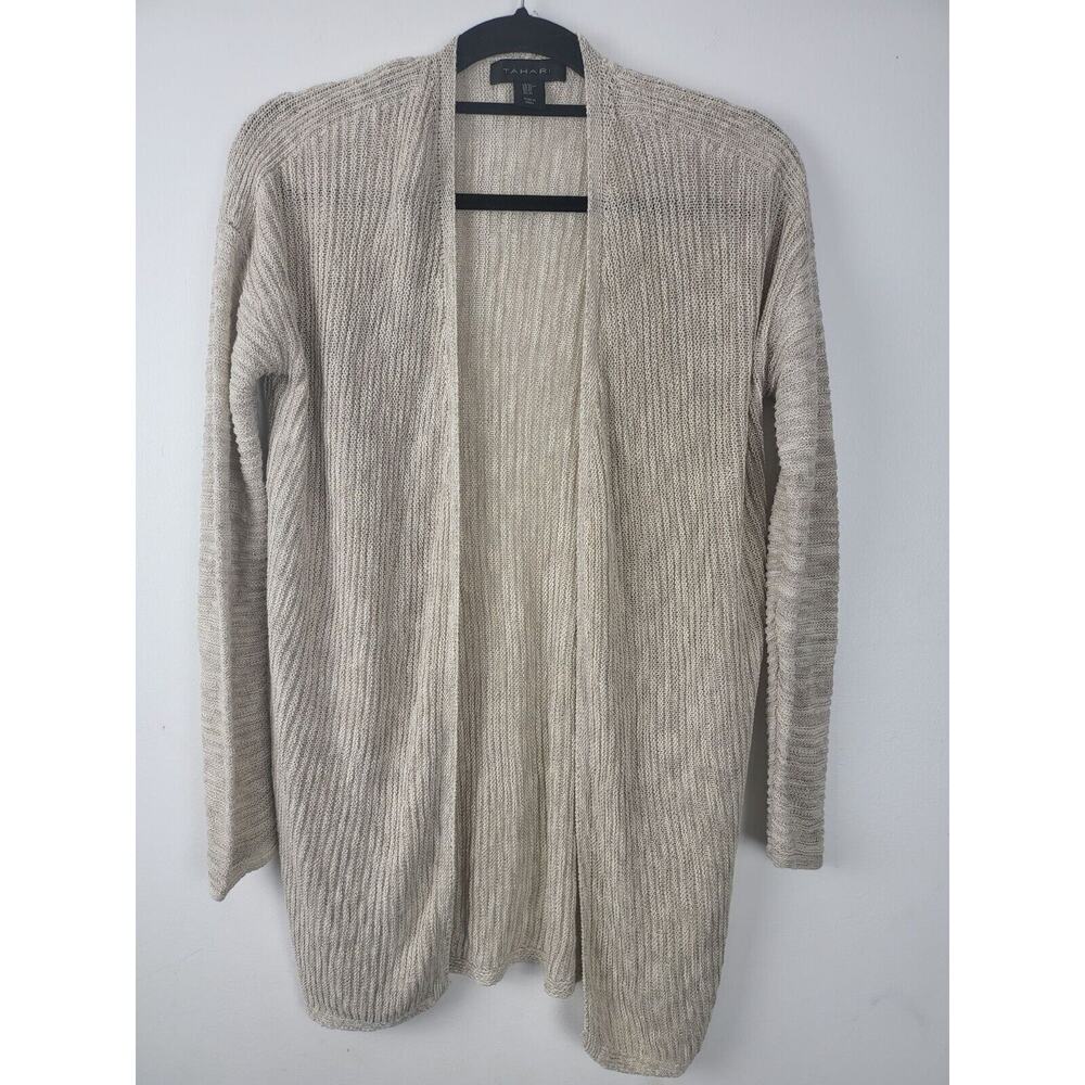 Tahari Cardigan‎ Medium Womens Tan Long Sleeve Open Front Linen Blend Knit